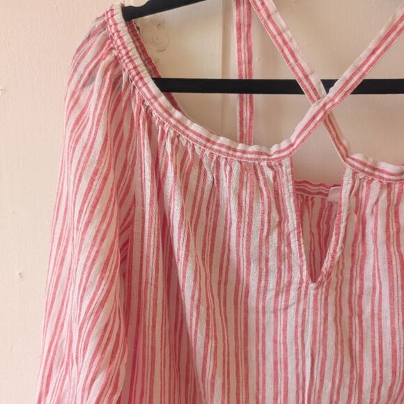 Gap Cold-Shoulder Stripe Linen Top Blouse Red White Nautical Size Medium - Picture 6 of 7